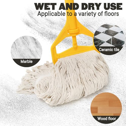 Yesland Commercial Mop with 2 Mop Heads, Industrial Cotton Mops with 61inch Long Handle, Heavy Duty Looped-End String Wet Mops for Cleaning Office Garage Hardwood Warehouse Factory Mall Deck