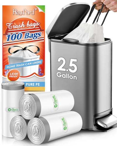 2.5 Gallon/10 Liter 100 Counts Strong Drawstring Trash Bags Garbage Bags by RayPard, Small Plastic Bags, Trash Can Liners for Home Office Kitchen Bathroom Bedroom, White Waste Basket Liners (White) - style: 100-2.5 Gallon-White
