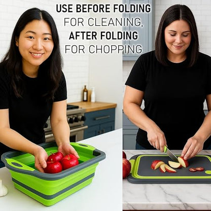 SSKT 3-in-1 Collapsible Cutting Board – Multifunctional Kitchen Sink Tub Basin with Drain, Chopping Board & Washing up Bowl – Space-Saving & Portable for Kitchen, Camping, RV, & Outdoor Use (Green) - color: Green