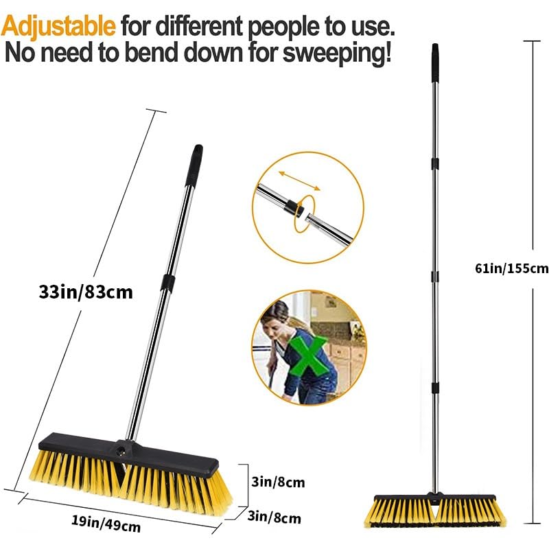 18 Inches Push Broom Outdoor Handle Stiff Bristles Heavy Duty Broom with 61 Long Handle for Cleaning Bathroom Kitchen Deck Driveway Garage Yard TilePatio Concrete Floor Cleaning
