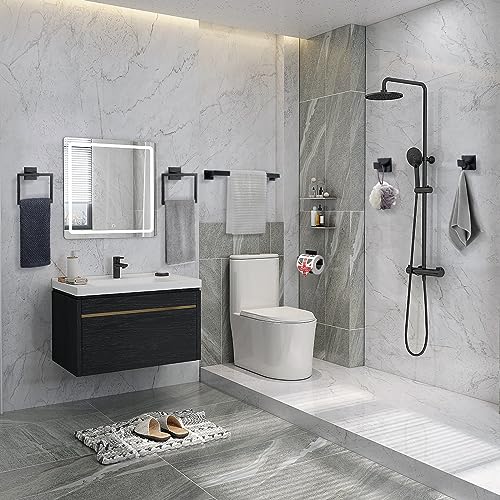 TQKAG 6-Piece Bathroom Towel Bar Sets Matte Black 23.6 inch Towel Bar Stainless Steel Towel Ring Coat Hook and Toilet Paper Holder Bathroom Hardware Set Wall Mounted Bathroom Accessories Kit - color: Matte Black, size: 6-Pieces Set-A