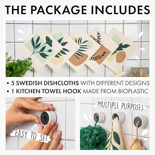 SUPERSCANDI 5 Pack Swedish Dishcloths for Kitchen - 100% Biodegradable & Compostable | Reusable Paper Towels Washable, Food-Safe & Without Plastic - Dish Rags Suitable for Any Surface | Botanic Print - color: Botanic Print