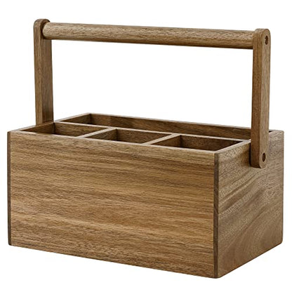 VaeFae Acacia Silverware Caddy with Handle, Wooden Utensil Holder, Mulip-pose Organizer for Kitchen, Office, Bathroom, Bedroom - size: Medium