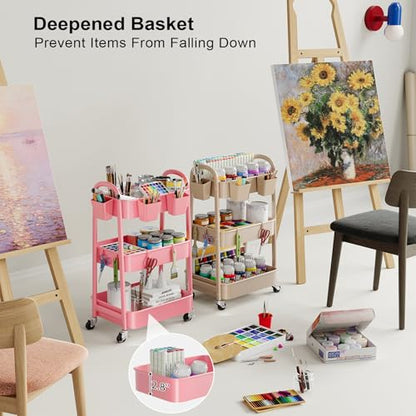 Beige 3 Tier Rolling Cart Metal on Wheels, Three Tiered Storage Organizer Utility Trolley with Wheels for Art, Craft, Baby Diaper Caddy, Snack, Book, Nail, Lash, Cleaning Supplies, Kitchen, Bathroom - color: Light Beige