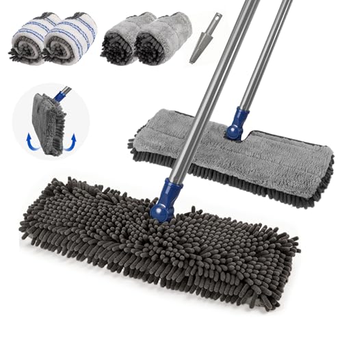 Masthome Microfiber Flat Mop, 16" Wide Floor Mop with 4 Reusable Pads & Hair Scraper, 360° Swivel Dual Sided Flip Mops, Wet Dry Dust Mop for Hardwood, Laminate, Tile, Pet Hai - color: Blue Professional