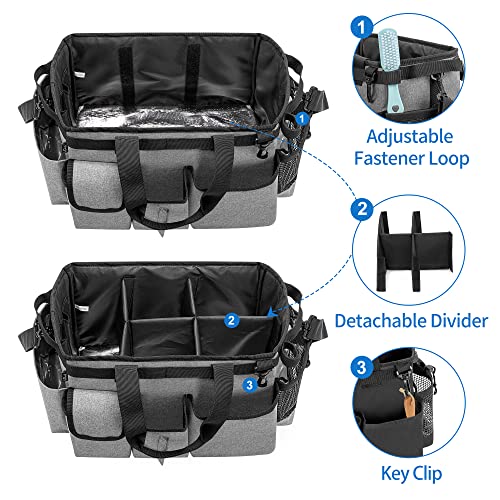 LoDrid Large Wearable Cleaning Caddy Bag with Detachable Divider, Cleaning Organizer with Handles, Cleaning Supply Tote with Adjustable Shoulder Strap for Cleaners & Housekeepers, Grey - color: Gray