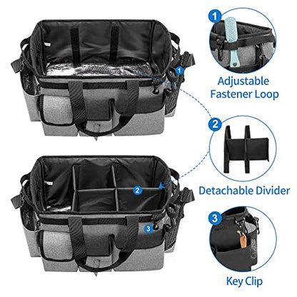 LoDrid Large Wearable Cleaning Caddy Bag with Detachable Divider, Cleaning Organizer with Handles, Cleaning Supply Tote with Adjustable Shoulder Strap for Cleaners & Housekeepers, Grey - color: Gray