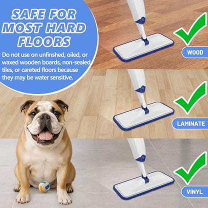 HOMTOYOU Microfiber Flat Mop with Sprayer: Spray Mop with 4 Washable Pads | Cleaning Multi-Surface Floors, 1Pcs 400+ML Refillable Bottle, Wet Dry Use, 360° Swivel Head, White - color: White Blue