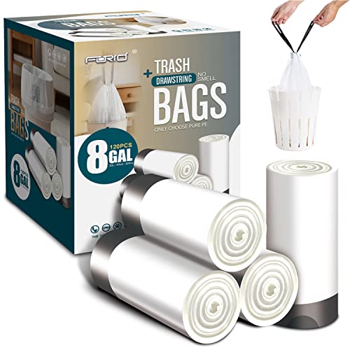 FORID Medium Drawstring Trash Bags - Plastic Garbage Bags 8 Gallon (30 Liter) White Disposable Can Liners for Kitchen Bedroom Bathroom Home Office (120 Counts) - Durable & Thick Trash Bags - color: Most Value: 8 Gallon - 120 Pack