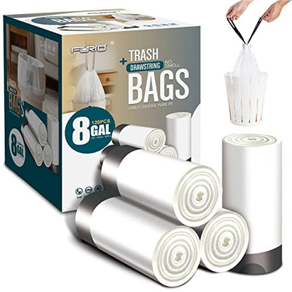 FORID Medium Drawstring Trash Bags - Plastic Garbage Bags 8 Gallon (30 Liter) White Disposable Can Liners for Kitchen Bedroom Bathroom Home Office (120 Counts) - Durable & Thick Trash Bags - color: Most Value: 8 Gallon - 120 Pack