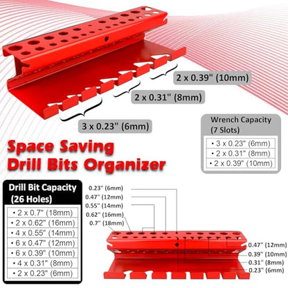 MUTUACTOR Magnetic Wrench Holder Heavy Duty,Anti-slip Magnetic Mount Drill Bits Holders,2 Layers Magnet Drill Bit Wrench Rack for Work Bench Toolbox Tool Cart,1PCS,Red,26 Holes and 7 Slots - style: Red Drill Bits Wrench Holder