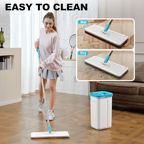 Mop and Bucket Set, 60" Long Handle Mops for Floor Cleaning, Squeeze Flat Mop and Bucket System, Dry & Wet Wall Mop Cleaner for Household Cleaning with 4 Microfiber Mops, Turquoise-Cyan - size: Mop System (Cyan) - 60" Handle - 4 Total Pads