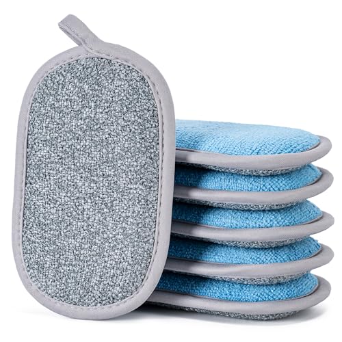 Dual-Sided Multi-Purpose Scrub Sponges, Non-Scratch Dishwashing Sponges for Kitchen, Reusable Microfiber Sponge for Efficiently Cleaning Dishes, High Density Sponge Inside (6 Pack, Large) Gray-Blue - color: Grey-blue, size: Large(Pack of 6)