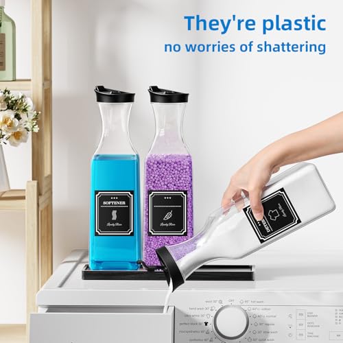 Laundry Detergent Dispenser,54OZ Laundry Soap Dispenser,Liquid Laundry Detergent Container,Fabric Softener Dispenser with Black Wood Tray,Laundry Room Organizer with 4 Labels - color: Black With Black Tray