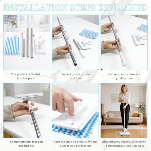 Lazy Mop for Wet and Dry, Clip Grip Mop with 360° Swivel Head, Long Handle Floor Mops, Dust Broom Mops for Floor Cleaning for Household Apartment Bedroom Bathroom Living Room Marble Tile