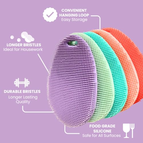 Silicone Sponge Dish Scrubber - Food Grade Silicone Dish Scrubber and Housecleaning - BPA Free Silicone Kitchen Scrubber [5 Pack Ovals Spring] - color: Spring
