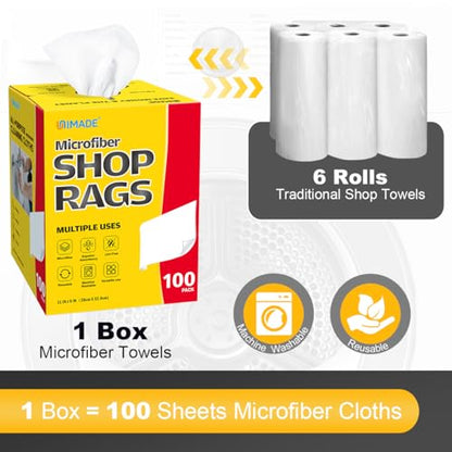 UNIMADE Shop Rags, 100 Sheets Microfiber Cleaning Cloth Commercial Grade Washcloths Lint-Free Bulk Shops Towels for Cars Mechanic Restaurant Garage Housekeeping, 11"x 9", White - color: White