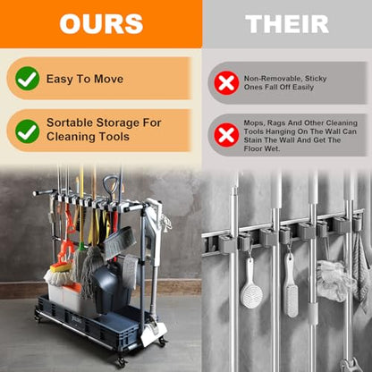 Mop and Broom Holder with Wheels - Keep Your Cleaning Tools Organized! (L) - size: Large