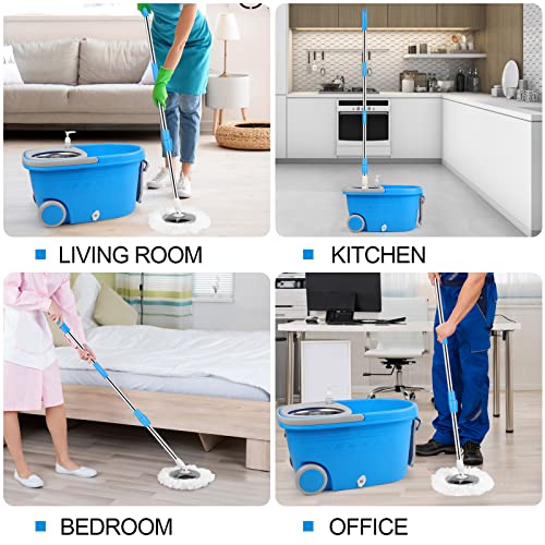 Mop Bucket with Wringer Set, Extended Stainless Steel Handle, 3 Microfiber Replacement Mop Head Refills, 2 Wheels for Household Cleaning, Hardwood Floor Tiles, Blue/Gray