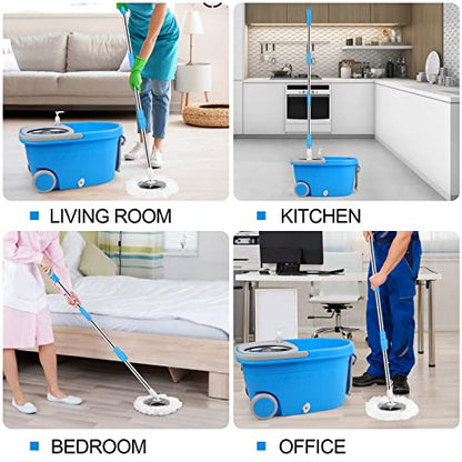 Mop Bucket with Wringer Set, Extended Stainless Steel Handle, 3 Microfiber Replacement Mop Head Refills, 2 Wheels for Household Cleaning, Hardwood Floor Tiles, Blue/Gray