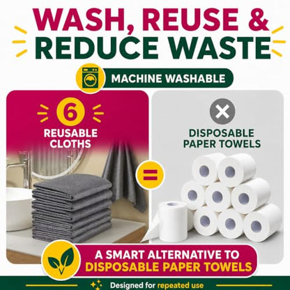 6PACK GenieCloth Magic Cloth 6-Pack XXL Microfiber Cleaning Cloths | 16x12 Inch Size, Streak & Lint-Free, Cleans with Water Only, Machine Washable, Glass, Steel & More