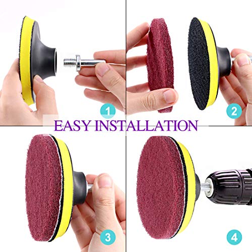 Swpeet 16Pcs 5Inch 3 Scrubbing Pads Drill Powered Brush Tile Scrubber Scouring Pads Cleaning Kit, Abrasive Buffing Pads Replacement with 1 Pcs Hook Attachment for House Cleaning