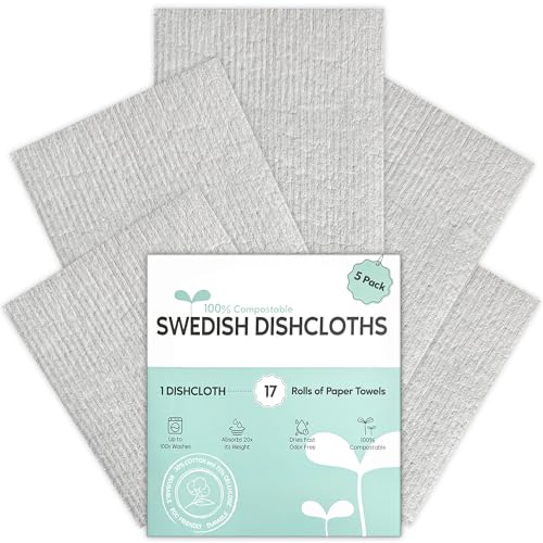 Swedish Dishcloths for Kitchen, 5 Pack Swedish Dish Cloths, Ultra Absorbent Reusable Paper Towels, Cellulose Sponge Cloths, Quick Drying, No Odor, Dishwasher Safe Grey - color: Grey