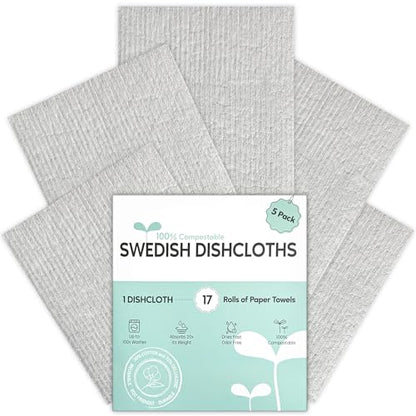 Swedish Dishcloths for Kitchen, 5 Pack Swedish Dish Cloths, Ultra Absorbent Reusable Paper Towels, Cellulose Sponge Cloths, Quick Drying, No Odor, Dishwasher Safe Grey - color: Grey