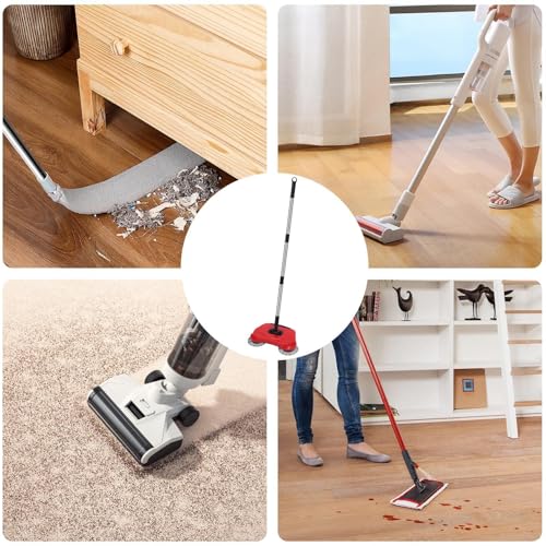 Hand pash Floor sweepar - Non Electric Vacuum Broom, Adjustable Handle Carpet sweepar, Compact Dust Collector | Manual pash Cleaner for Hardwood Tile Laminate Rugs, Pet Hair Removal, Home Cleaning Too - color: Red