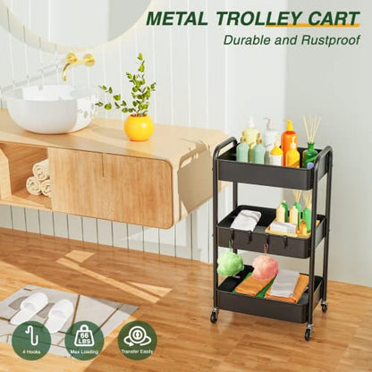 LEHOM 3 Tier Rolling Cart, Metal Rolling Utility Cart with Lockable Wheels & Hooks, Multi-Functional Heavy Duty Storage Cart Organizer for Bathroom, Kitchen, Office, Living Room - color: Black