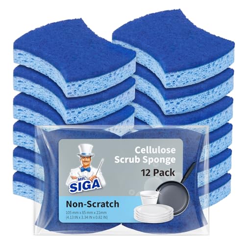 MR.SIGA Non-Scratch Cellulose Scrub Sponge, Dual-Sided Dishwashing Sponge for Kitchen, 12 Pack - color: Royal Blue, Light Blue