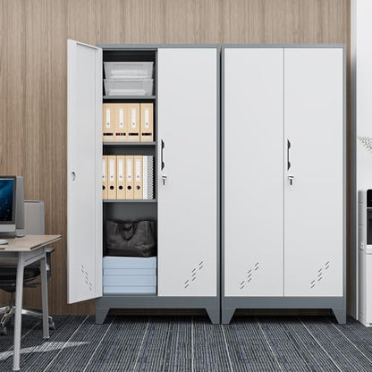 61" Metal Storage Cabinet with Lockable Doors, Cleaning Supply Cabinet with Pegboard and Hanging Rod. Garage Tool Storage Cabinets for Home, Laundry, Office, Home Kitchen Utility Cabinet - size: 61" Cabinet White & Gray