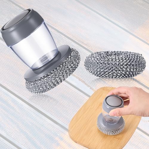Teenyyou 2 Pcs Steel Wool Scrubber with Soap Dispenser Automatic Liquid Dispensing Stainless Steel Teak Scrubbing with Replacement Kit Scrubber Sponge with Handle for Outdoor Kitchen Wood Furniture