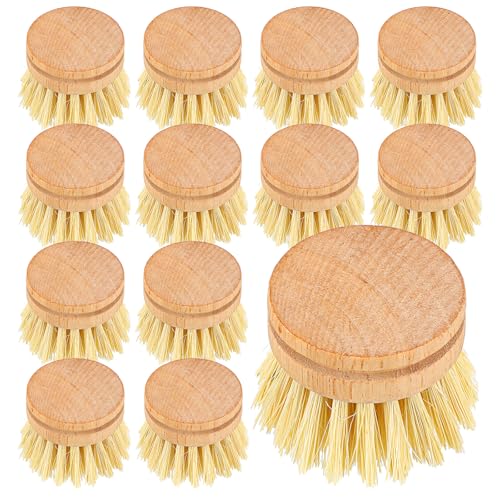 12 Pcs Bamboo Dish Brush Replacement Heads, Small Wooden Dish Brushes for Cleaning Natural Sisal Bristle Refills Eco Friendly Wood Compostable Scrubber Heads for Kitchen Dishes Cleaning Supplies