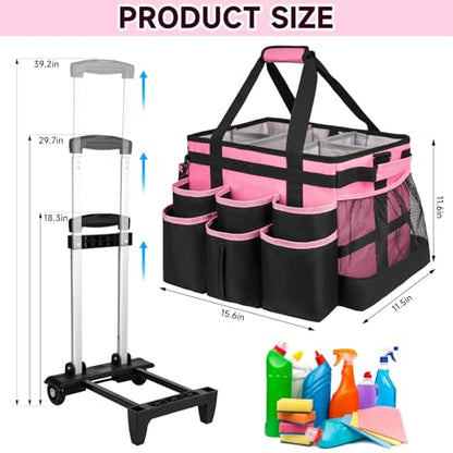 Large Rolling Cleaning Caddy Bag with Detachable Trolley,Cleaning Cart on Wheels with Shoulder Strap,Cleaning Supplies Organizer for Housekeepers,PInk - color: Pink