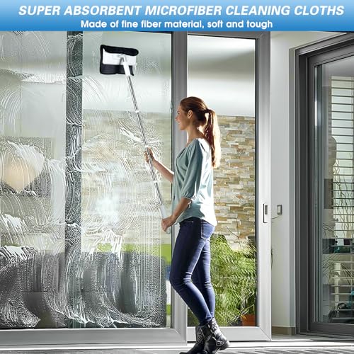 4 in 1 Disposable Dust Mop with Squeegee & Floor Scrub Brush with Long Handle, 2 Shiny Towels Wipes Cleaning Cloths, 2 Crevice Brush, Snap Grip Mini Mop for Windows Car Glass Floor Shower Bathroom