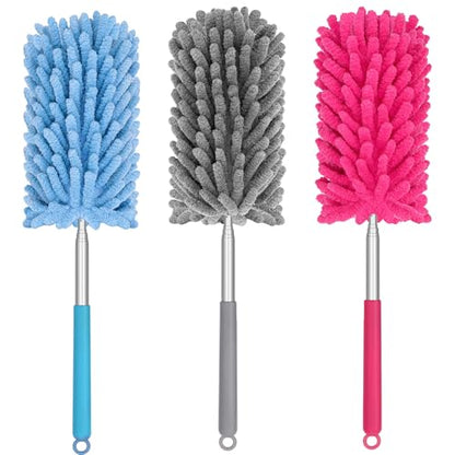 Mini Duster for Cleaning, 360° Bendable Hand Dusters with Extension Pole, Washable Small Duster for Car Interior, Office, Furniture - color: 3 Pack Blue Grey Red