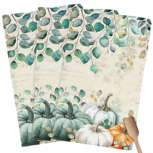 Fall Kitchen Towels Harvest Pumpkin Thanksgiving Hand Towels Green Leaves Dish Towel Cleaning Cloth Soft Absorbent Quick Drying 3 Pack Dish Cloths for Kitchen, Bathroom Autumn Decoration - color: Green Pumpkin, size: 3PCS