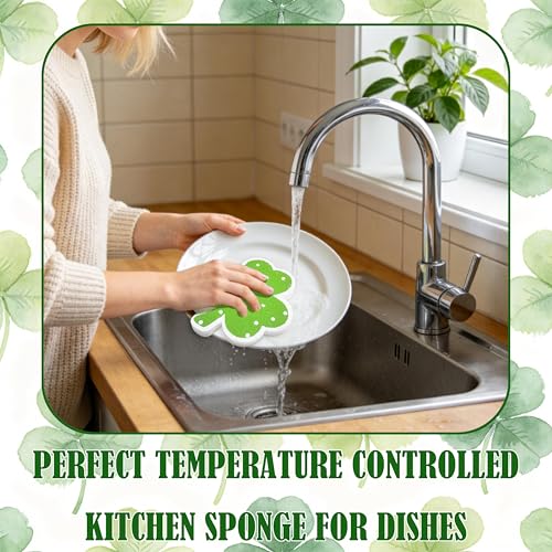 8Pcs St. Patrick's Day Kitchen Sponges Shamrock Clover Shaped Non Scratch Dish Washing Sponges Dot Pattern in 4 Colors for Irish Home Kitchen Cleaning