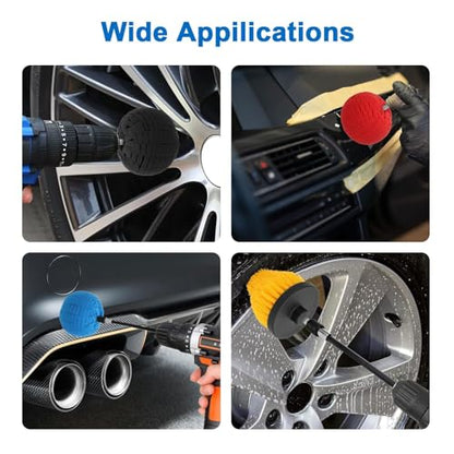 Linkstyle 5PCS Drill Polishing Ball Set, Car Wheel Polisher Sponge Pad Kit with Long Extension Pole & Cleaning Brush, Buffing Ball for 1/4" Hex Drill, Car Rim and Metal Surface Polishing Tool - style: Ball_5PCS