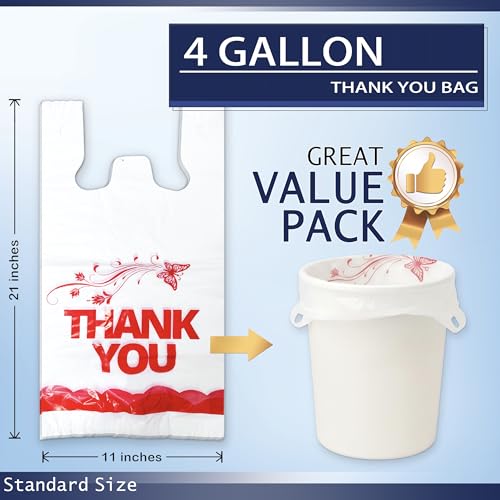 4 Gallon Small Trash Bags with Handles – 100 Count, 11" x 21" Plastic Garbage Bags for Home, Kitchen, Office, Bathroom – Thank You T-Shirt Style Bags for Small Business, Takeout, Grocery Use - style: White 100
