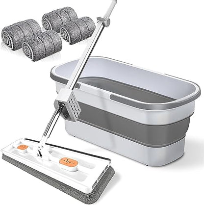 Large Flat Mop - 360° Rotating Mop with Dewatering Scraper, Djustable Stainless Steel Long Handle with 2 Microfiber Pads 12027(54" White+22" Bucket Set,+4 Pads) - color: 54" White+22" Bucket Set, size: +4 Pads