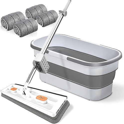 Large Flat Mop - 360° Rotating Mop with Dewatering Scraper, Djustable Stainless Steel Long Handle with 2 Microfiber Pads 12027(54" White+22" Bucket Set,+4 Pads) - color: 54" White+22" Bucket Set, size: +4 Pads