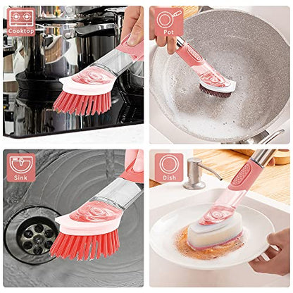 Dish Cleaning Brush, Soap Dispensing Dish Brush Set with 4 Replacement Heads and Storage Holder, Kitchen Scrub Brush for Dish Pot Pan Sink Cleaning (Pink) - color: Pink