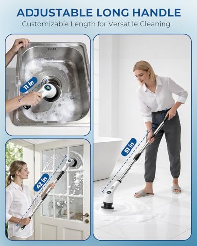 Electric Spin Scrubber, Rechargeable with Upgraded Battery & Extended Runtime, IPX7 Cleaning Brush, 3000mAh Battery 7 Brush Heads 2-Speed Adjustable Long Handle for Bathroom & Tile Floor Cleaning