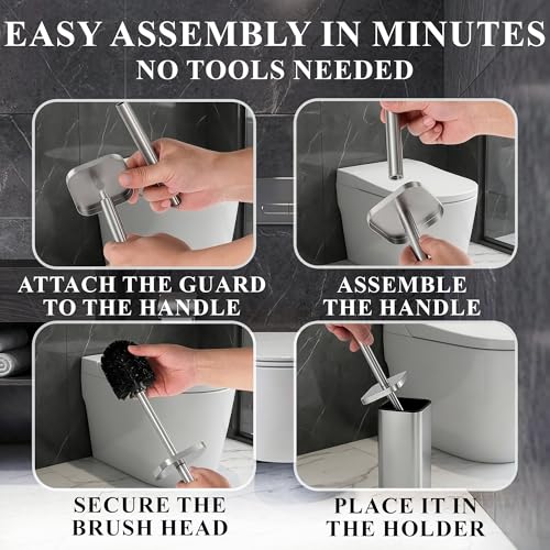 Toilet Brush with Square Holder - Toilet Brush and Holder Set Silver, Stainless Steel Handle with Splash Shield, Replaceable Head and Removable Inner Cup - Freestanding Bathroom Toilet Cleaning Set - color: Silver Rounded Square