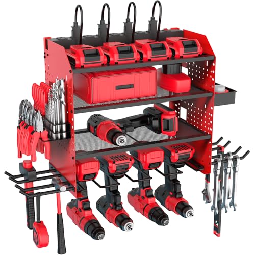 Heavy Duty Power Tool Organizer Wall Mount with Charging Station, 4 Layer Garage Storage Adjustable Shelves Height, Holds 4 Drills, 2 Hooks, Screw & Screwdriver box, Gifts for Fathers Day, Anniversary - color: Red