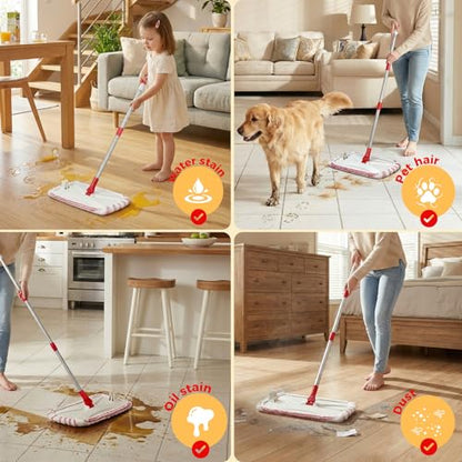 OZD Flat Mops for Floor Cleaning , with 5 Reusable 16x9in Dual-Fiber Mop Heads, Remove Stubborn Stains, Wet and Dry Use, Suitable for Hardwood, Tile, Laminate Flooring etc, Red