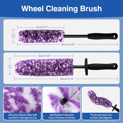 4 Pack Wheel Tire Cleaning Brush Kit Cars Motorcycles RVs Trucks Rim Hub Ultra Soft Microfiber No Spatter 360 Bendable Synthetic Woolies Wash Vehicles Bristle Set - color: Purple & White
