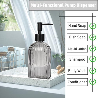 14Oz Black Pump Glass Soap Dispenser, Gray Stripe Countertop Refillable Liquid Bottle Hand Dish Lotion Dispenser with Plastic Pump, for Kitchen, Bathroom - color: Gray